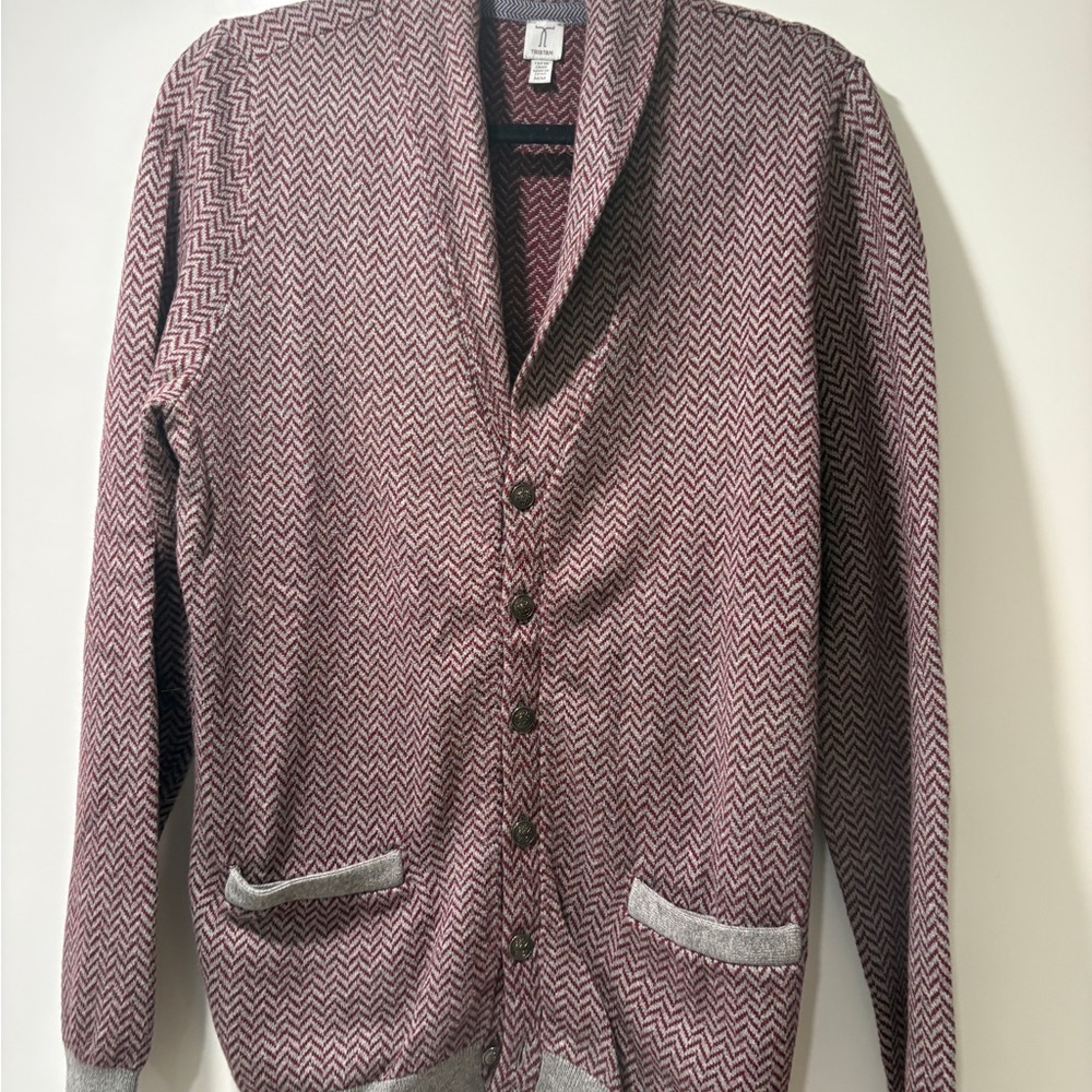 Tristan Shawl Collar Cardigan in Maroon and Light Gray Herringbone